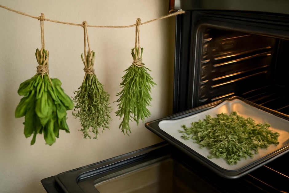 Bundled herbs hanging to dry beside a baking sheet of herbs in an oven