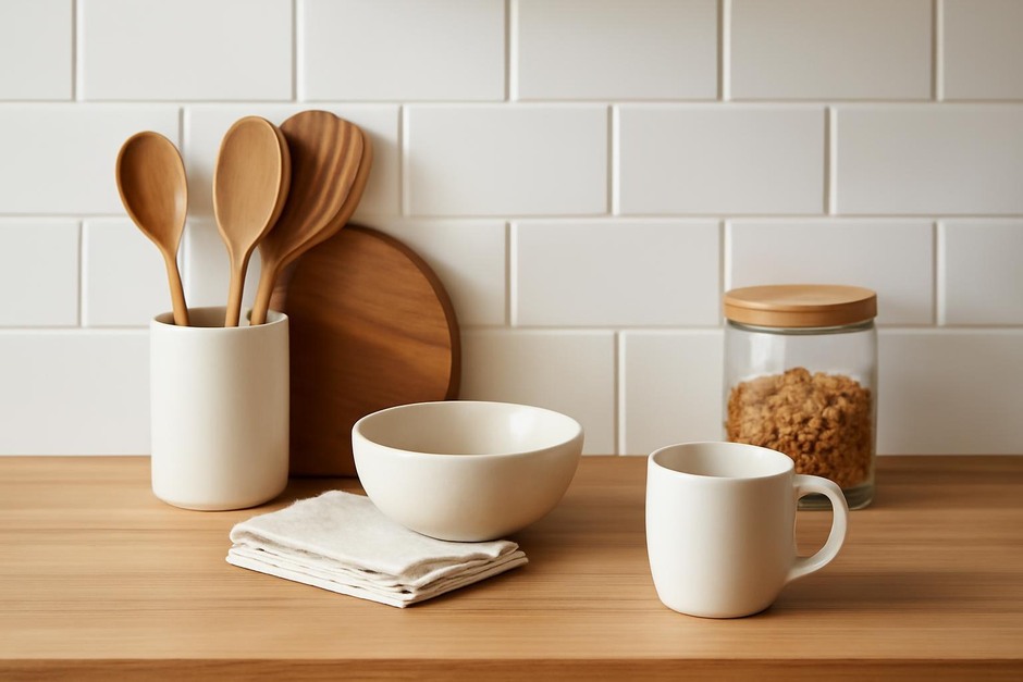 A tidy wooden kitchen counter with a few neatly arranged items