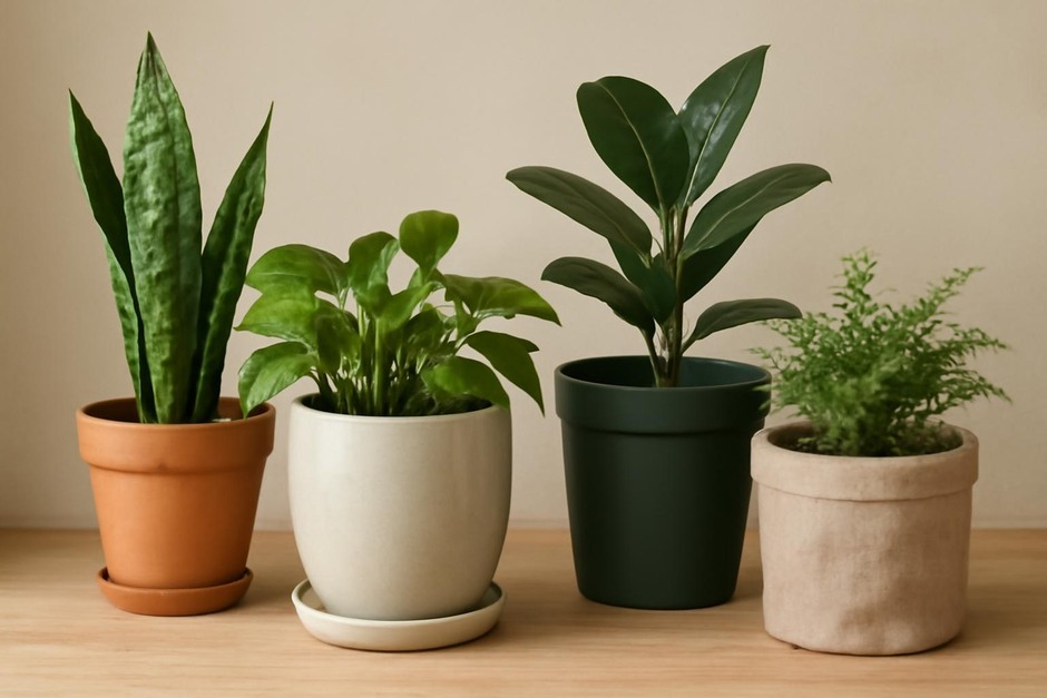 Various indoor plant pots made of terracotta, glazed ceramic, plastic, and fabric