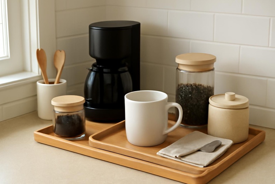 A small kitchen counter with coffee and tea supplies neatly arranged on a tray
