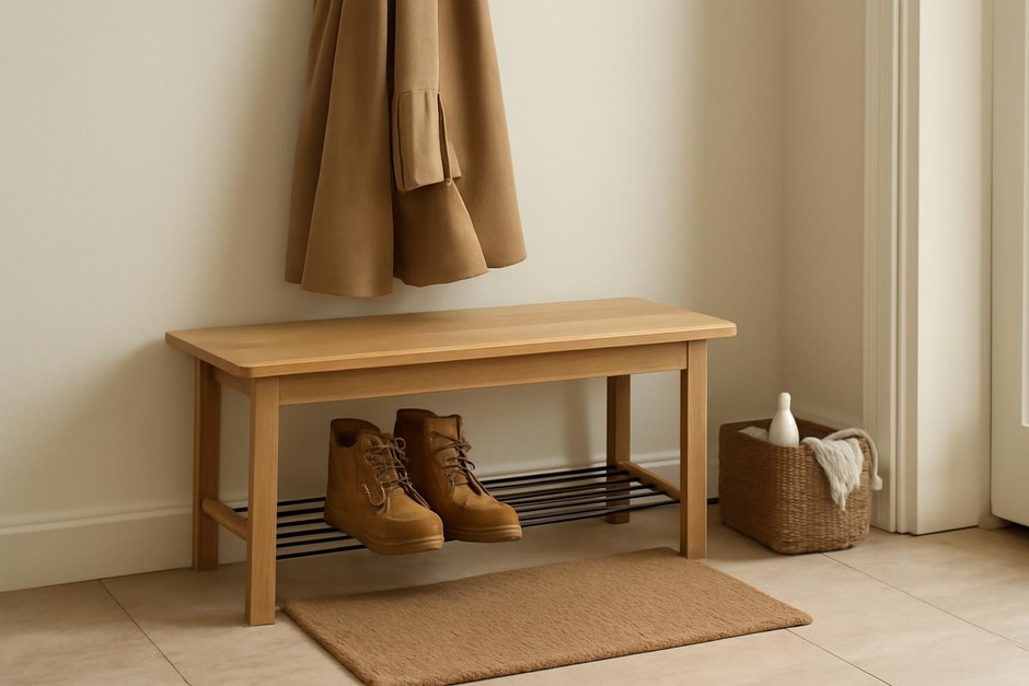 An entryway bench with a pair of boots and a hanging coat near a doormat
