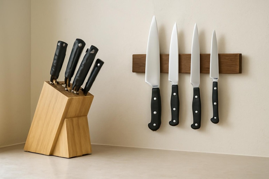 A wooden knife block on a countertop next to a wall-mounted magnetic knife strip