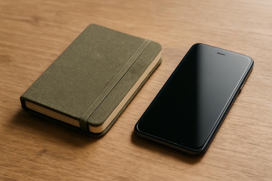 A cloth-bound pocket notebook and a smartphone on a wooden table