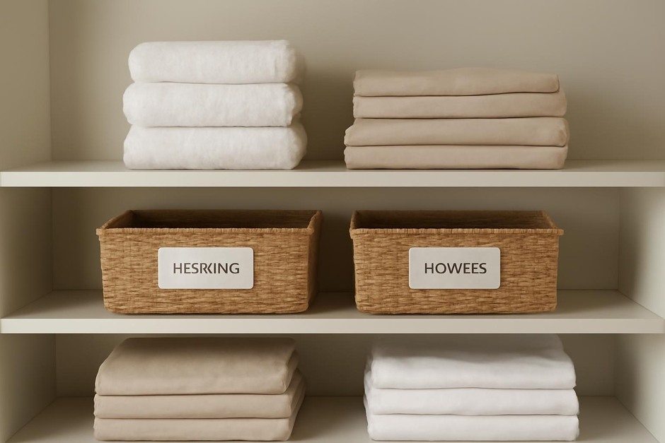 Neatly folded linens on a shelf with labeled baskets